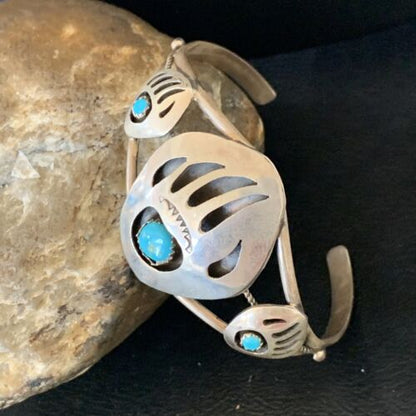 Navajo Turquoise Bear Paw Cuff Bracelet | Sterling Silver | Authentic Native American Handmade | 12874
