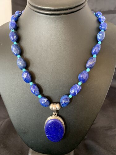 Navajo Blue Lapis Turquoise Pendant Necklace | Sterling Silver | 20" | Authentic Native American Handmade | 10522