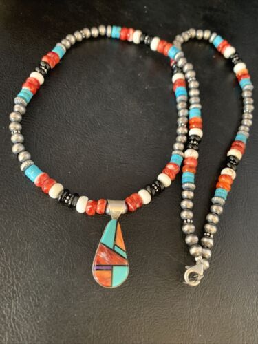 Navajo Multi-Color Turquoise Onyx Inlay Pendant Necklace | Sterling Silver | Authentic Native American Handmade | 13799