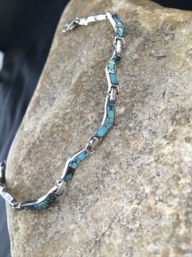 Native American Women's Sterling Silver Turquoise Inlay Link Bracelet | 6.75" | 2031