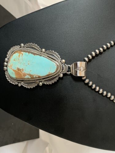 Men's Navajo Pearls Necklace with Blue Royston Turquoise Pendant | Sterling Silver | Native American | 335