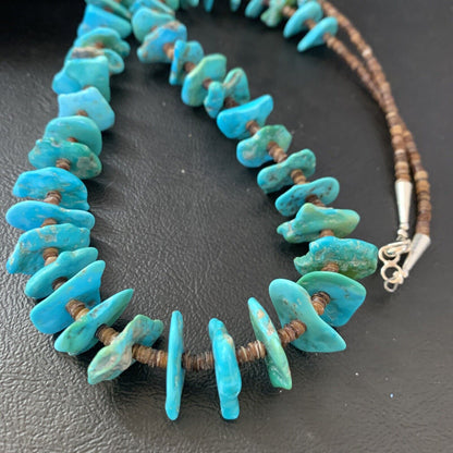Navajo | Sterling Silver | Kingman Turquoise Shell Necklace | 26" | Authentic Native American Handmade | 11818