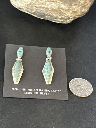 Navajo Blue Turquoise Inlay Earrings | Sterling Silver | 1" | Authentic Native American Handmade | 14775