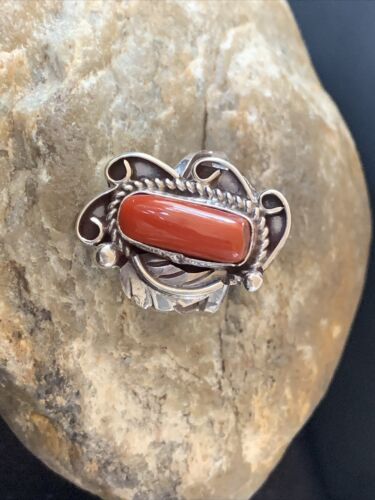 Navajo Red Coral Ring | Sterling Silver | Sz 9 | Authentic Native American Handmade | 01299 - Masha USA