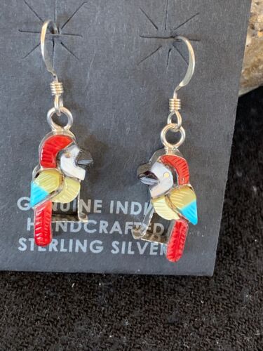 Native American Zuni Parakeet Bird Earrings | Sterling Silver Coral Turquoise | Handmade | 1713