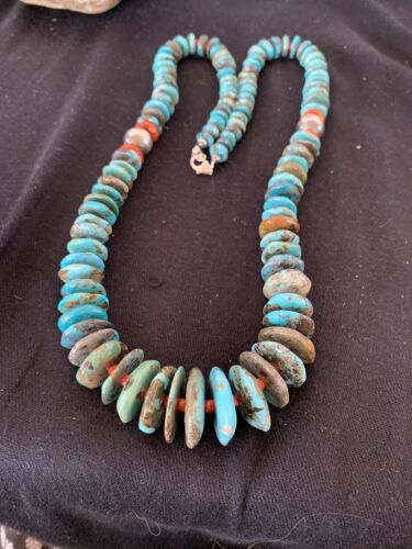 Navajo Natural Blue Turquoise & Spiny Oyster Necklace | Sterling Sliver | Graduated | Authentic Native American | 28" | 330