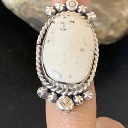 Navajo White Buffalo Turquoise Ring | Sterling Silver | Sz 7 | Authentic Native American Handmade | 13350