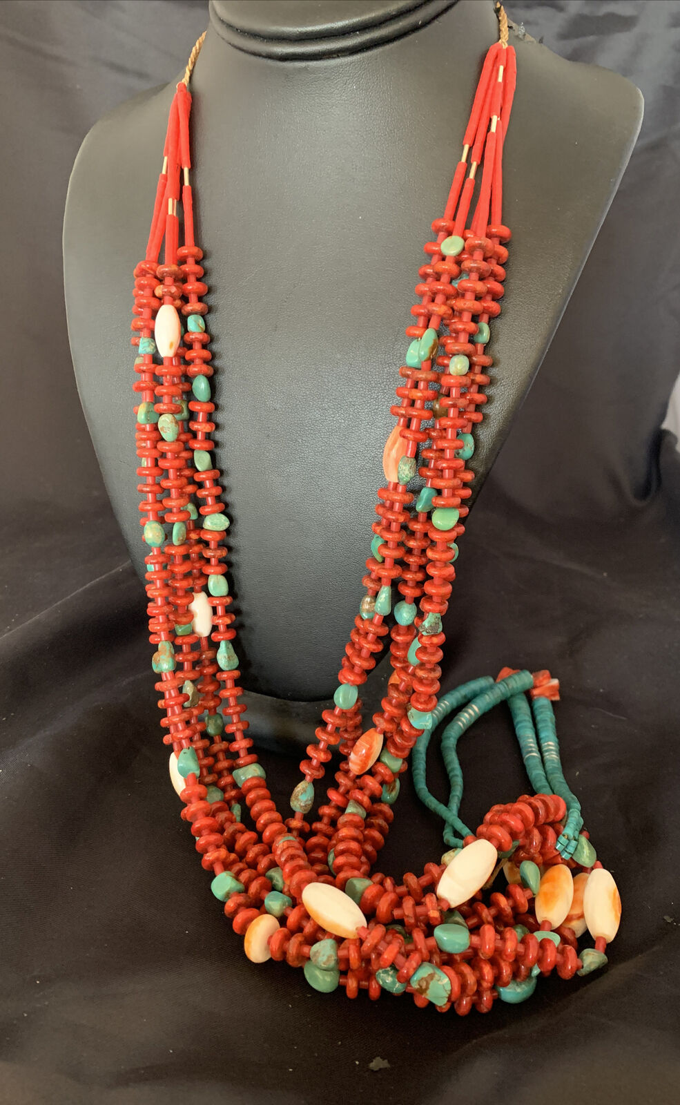 Southwestern Santo Domingo Red Coral Green Turquoise 5-Strand Jacla Necklace | 36" | Native American Handmade | 12053