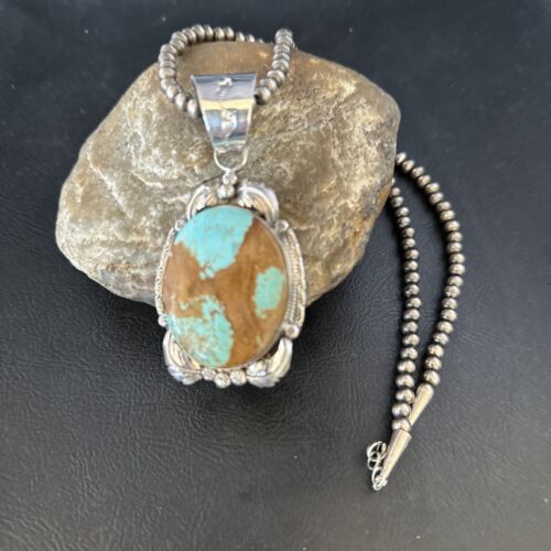 Navajo Pearls Sterling Silver Necklace Pendant | Blue Turquoise #8 | Authentic Native American Handmade | 14808