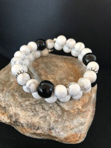Navajo Indian White Howlite Turquoise Onyx Sterling Silver Bead Bracelet