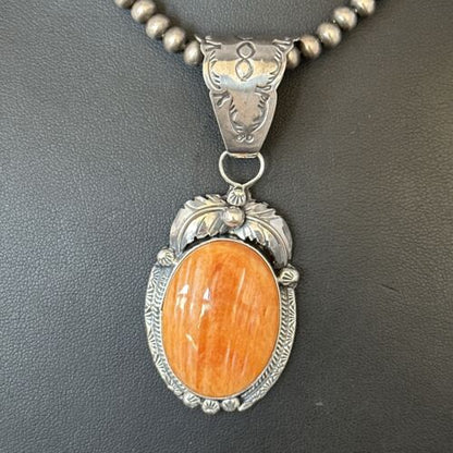Navajo Pearls Orange Spiny Oyster Necklace Pendant | Sterling Silver | Authentic Native American Handmade | 14718