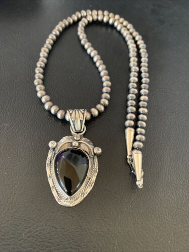 Native American Men's Navajo Pearls Necklace Pendant | Sterling Silver Black Onyx | 13097