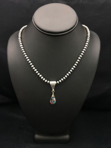 Turquoise Multi-Stone Inlay Pendant | Sterling Silver Bead Necklace 1.75" | Navajo Jewelry 2705