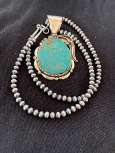 Men's Turquoise #8 Pendant | Navajo Pearls Sterling Silver Necklace | Authentic Native American Handmade | 4619