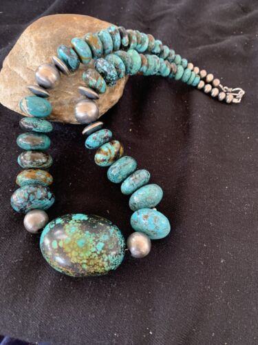 Navajo Pearl Graduated Sterling Silver Natural Blue Turquoise Necklace | Authentic Native American | 22" | 00706
