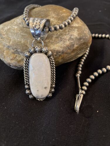 Men's White Buffalo Turquoise Pendant | Navajo Pearl Sterling Silver Necklace | Authentic Native American Handmade | 1072