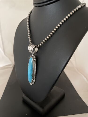 Navajo Men's Kingman Turquoise Pendant Necklace | Sterling Silver | Native American Handmade | 1069