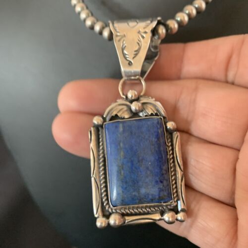 Navajo Denim Lapis Necklace with Pendant | Sterling Silver Pearls | Authentic Native American Handmade | 12438