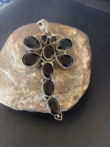 Navajo Dragonfly Pendant | Faceted Black Onyx Gems Cluster | Authentic Native American Sterling Silver | Multi-Stone | 3" | 12739