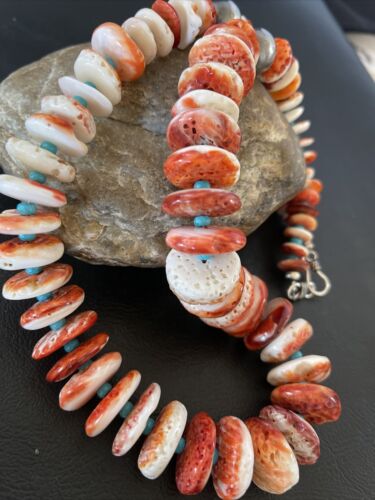 Navajo Turquoise & Red Spiny Oyster Necklace | Sterling Silver | Authentic Native American | Graduated | 22" | 10589 - Masha USA