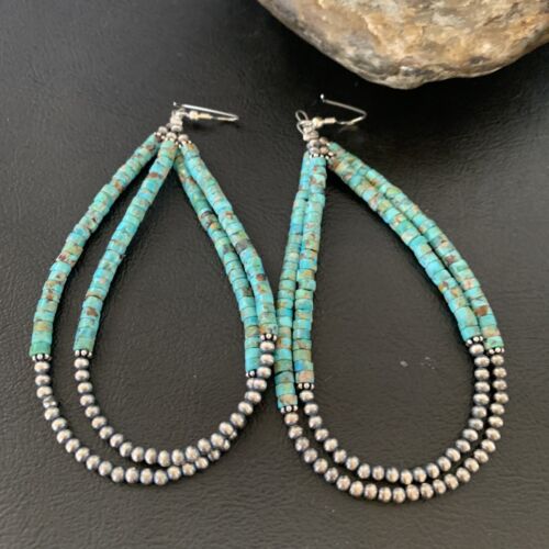 Navajo XL Turquoise Heishi Beads Earrings | Sterling Silver | 4" | 12687