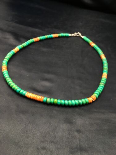 Navajo Green Turquoise & Spiny Oyster Necklace | Sterling Silver | 19" | Authentic Native American Handmade | 4488
