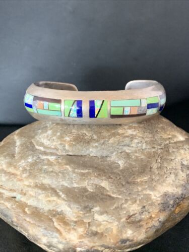 Old Pawn Navajo Turquoise Gaspeite Lapis Inlay Bracelet | Sterling Silver | Authentic Native American Handmade | 14160