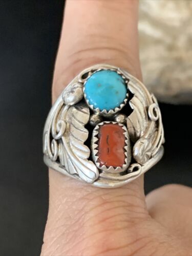 Navajo Blue Kingman Turquoise & Coral Feather Ring | Authentic Native American Sterling Silver | Multi-Stone | Sz 12 | 12217 - Masha USA