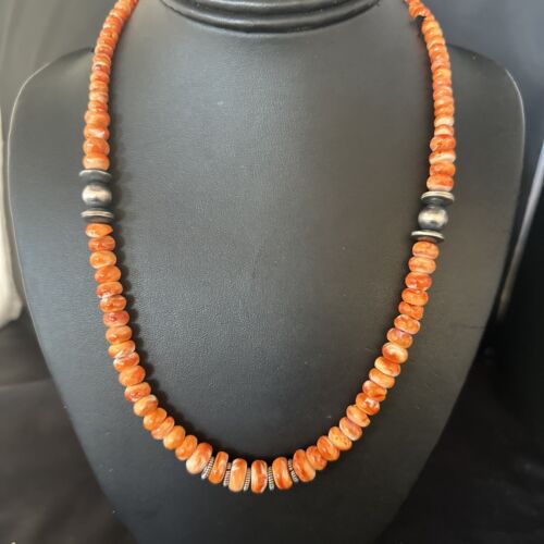 Navajo Orange Spiny Oyster Necklace | Sterling Silver Pearls | 20" | Authentic Native American Handmade | 14645