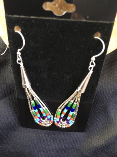 Handmade Liquid Silver Heishi Dangle Earrings | Turquoise Coral | Sterling Silver | 2" | 2009