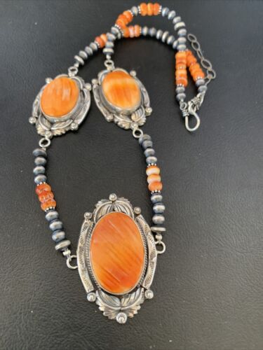 Navajo Pearls Orange Spiny Oyster Pendant Necklace | Sterling Silver | Authentic Native American Handmade | 10808
