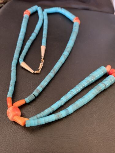 Southwestern Santo Domingo Pink Coral Blue Turquoise Jacla Necklace | 30" | Authentic Native American Handmade | 12517