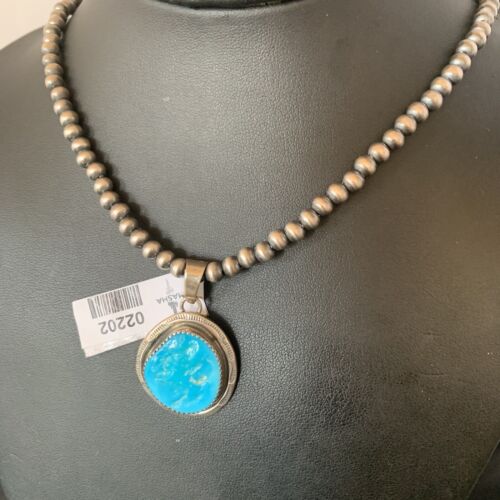 Men's Navajo Pearls Necklace with Blue Kingman Turquoise Pendant | Sterling Silver | Native American Handmade | 2202