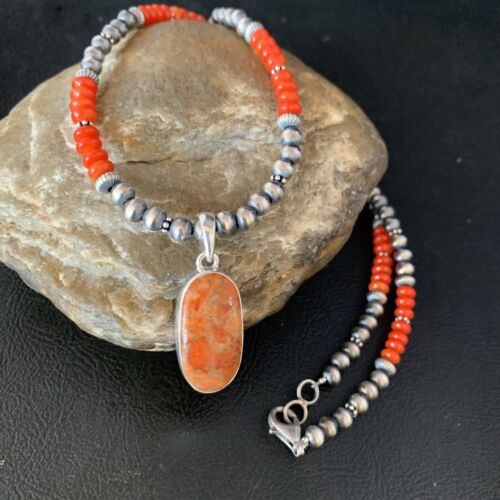 Navajo Red Apple Coral Necklace Pendant Naja | Sterling Silver | Authentic Native American Handmade | 13932