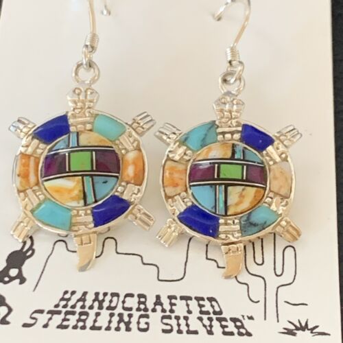 Navajo Turquoise Spiny Opal Inlay Sterling Silver Turtle Earrings | 0.5" | Handmade | 12014