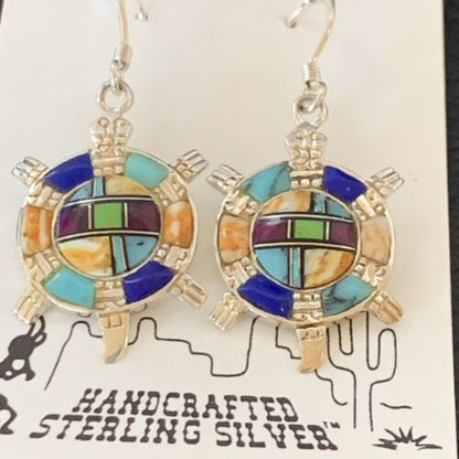 Navajo Turquoise Spiny Opal Inlay Sterling Silver Turtle Earrings | 0.5" | Handmade | 12014