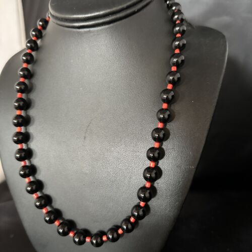 Men's Navajo Bamboo Coral Black Onyx Necklace | Sterling Silver | 20" | Authentic Native American Handmade | 14365