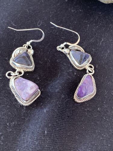 Navajo Purple Charoite Dangle Earrings | Sterling Silver | Authentic Native American Handmade | 01222