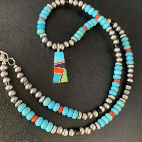 Navajo Blue Turquoise Coral Pendant Necklace | Sterling Silver Inlay | Authentic Native American Handmade | 13839