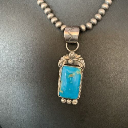 Men's Blue Kingman Turquoise Necklace Pendant | Sterling Silver Navajo Pearls | 13762