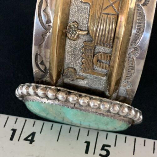 Navajo Green Turquoise Cuff Bracelet | Sterling Silver & 12K Gold | Authentic Native American Handmade | 14116 - Masha USA