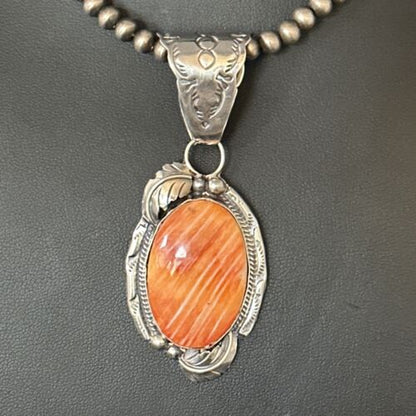 Navajo Orange Spiny Oyster Necklace Pendant | Sterling Silver | Authentic Native American Handmade | 14680