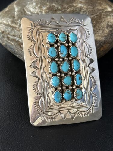 Navajo Blue Kingman Turquoise Concho Belt Buckle | Sterling Silver | Authentic Native American Handmade | 14795