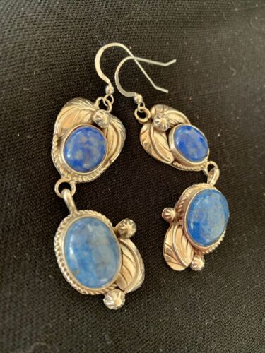 Native American Navajo Denim Lapis Dangle Earrings | Sterling Silver | 2" | 1679