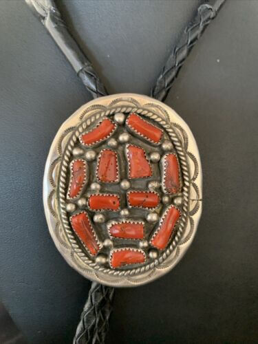 Navajo Men's Bolo Tie | Natural Red Coral Cluster | Sterling Silver | Authentic Native American Handmade | 13671