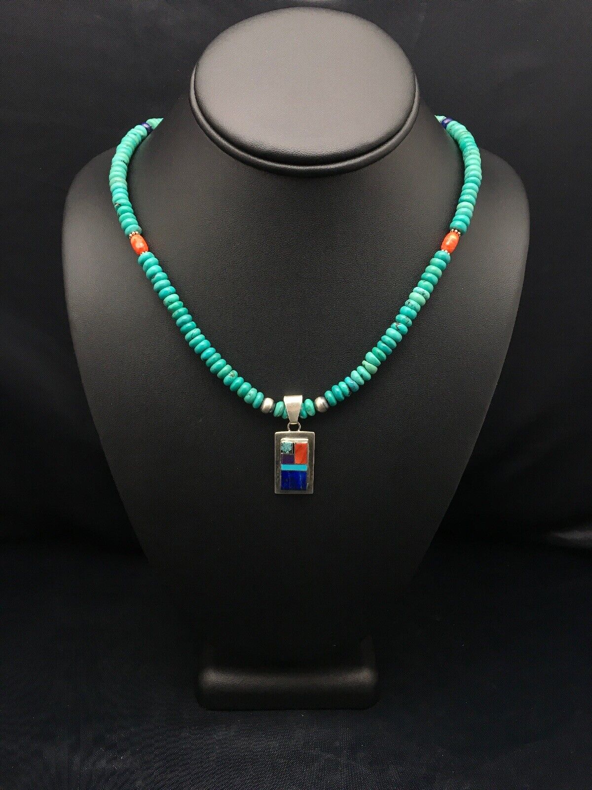 Navajo Turquoise & Lapis Inlay Pendant Necklace | Sterling Silver | 19" | Authentic Native American Handmade | 4077