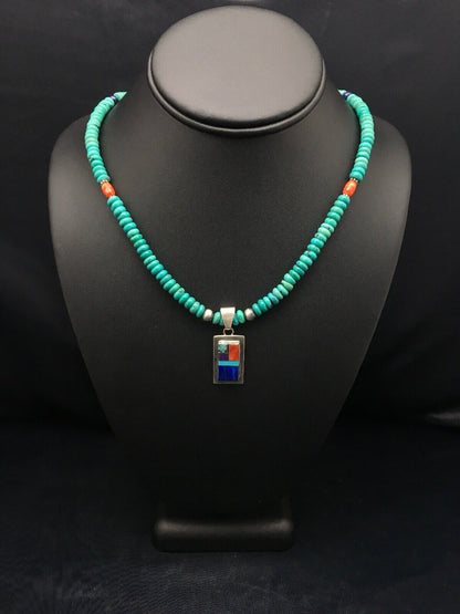 Navajo Turquoise & Lapis Inlay Pendant Necklace | Sterling Silver | 19" | Authentic Native American Handmade | 4077