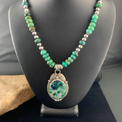 Men's Navajo Turquoise Necklace with Moss Agate Pendant | Sterling Silver | Authentic Native American Handmade | 1626