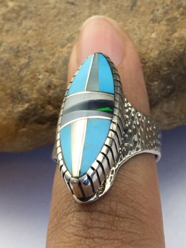 Navajo Multi-Color Opal & Turquoise Inlay Ring | Sterling Silver | Sz 8 | Authentic Native American Handmade | 01593
