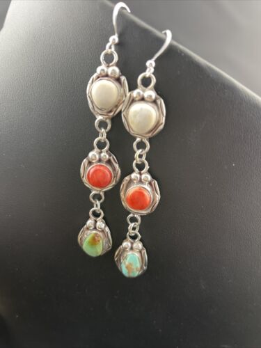 Navajo Spiny, Turquoise & Howlite Dangle Earrings | Sterling Silver | Authentic Native American Handmade | 1634